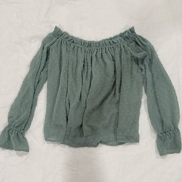 H&M DIVIDED off shoulder top light green chiffon crepe lined sheer sleeves top 6 - Picture 5 of 7